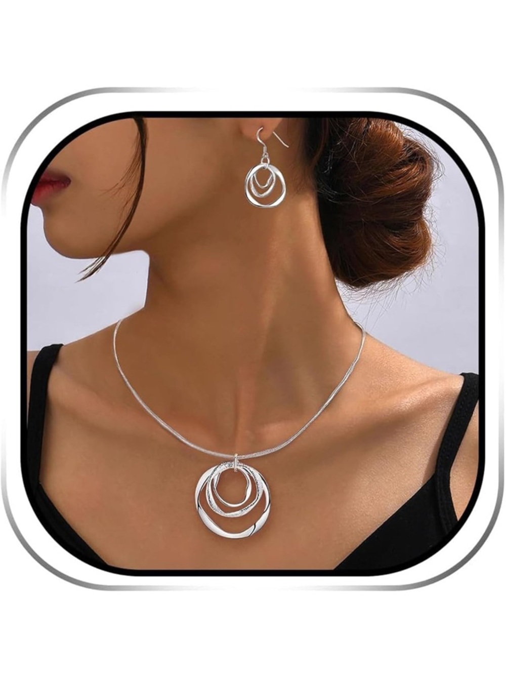 Elegant Silver Multi-Ring Pendant Necklace and Earrings Set